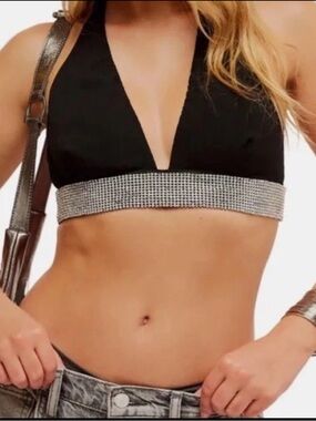 NWT $48 Free People Intimately Halter Bralette Black Rhinestone Tie L